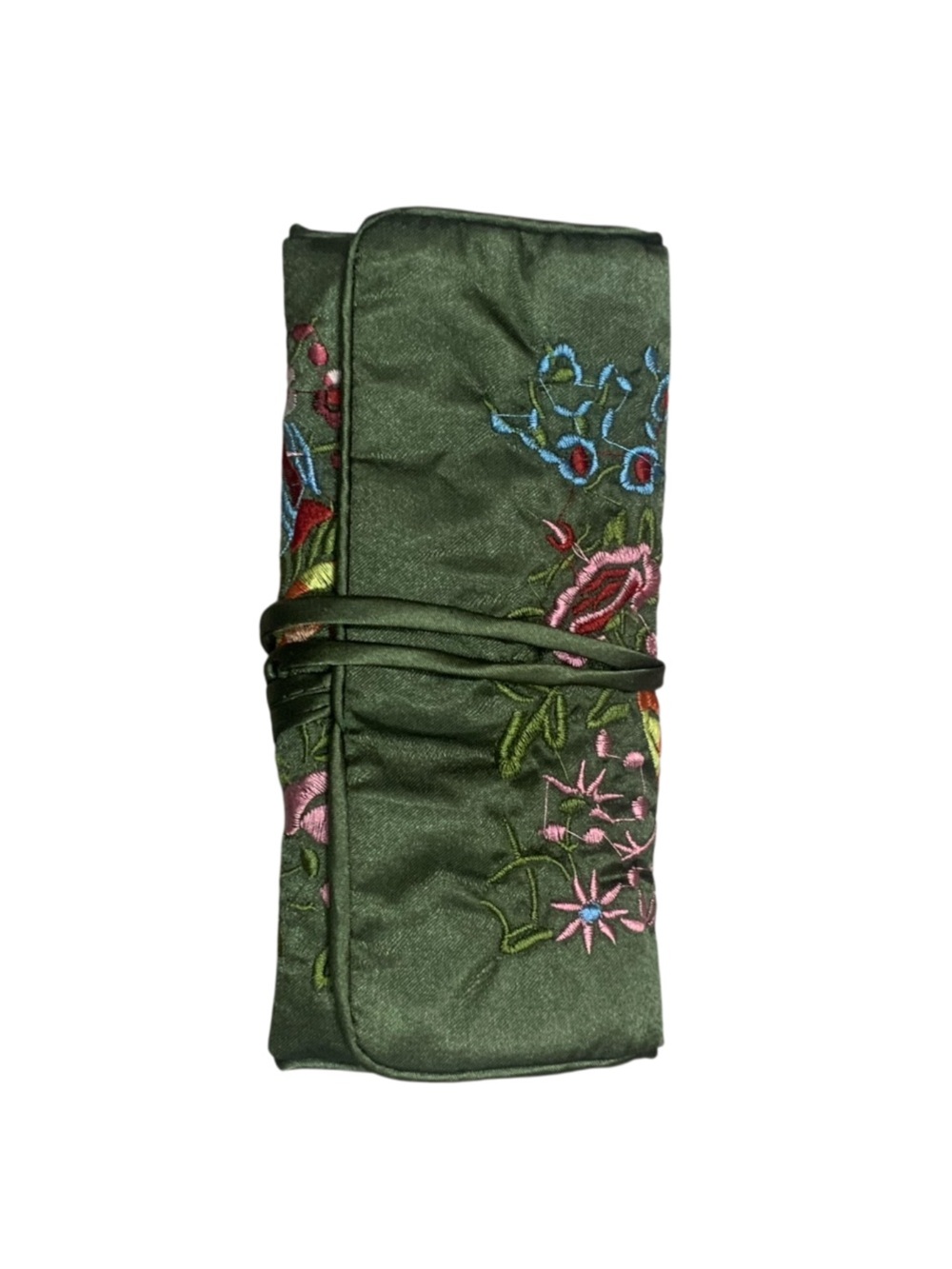Embroidered Jewelry Roll in Luxurious Green Satin - New - Picture 2 of 5